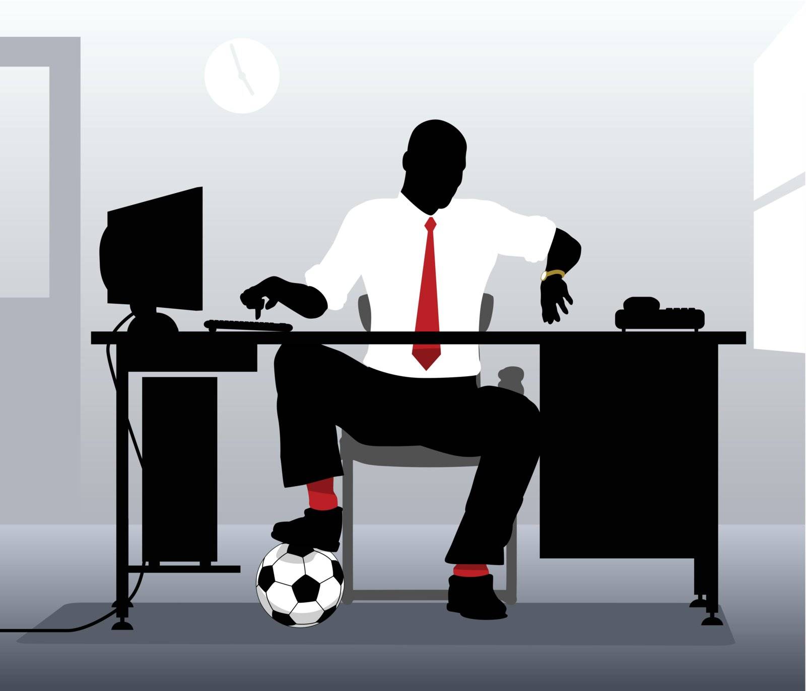 Editable vector illustration of an office worker with a football looking at his watch