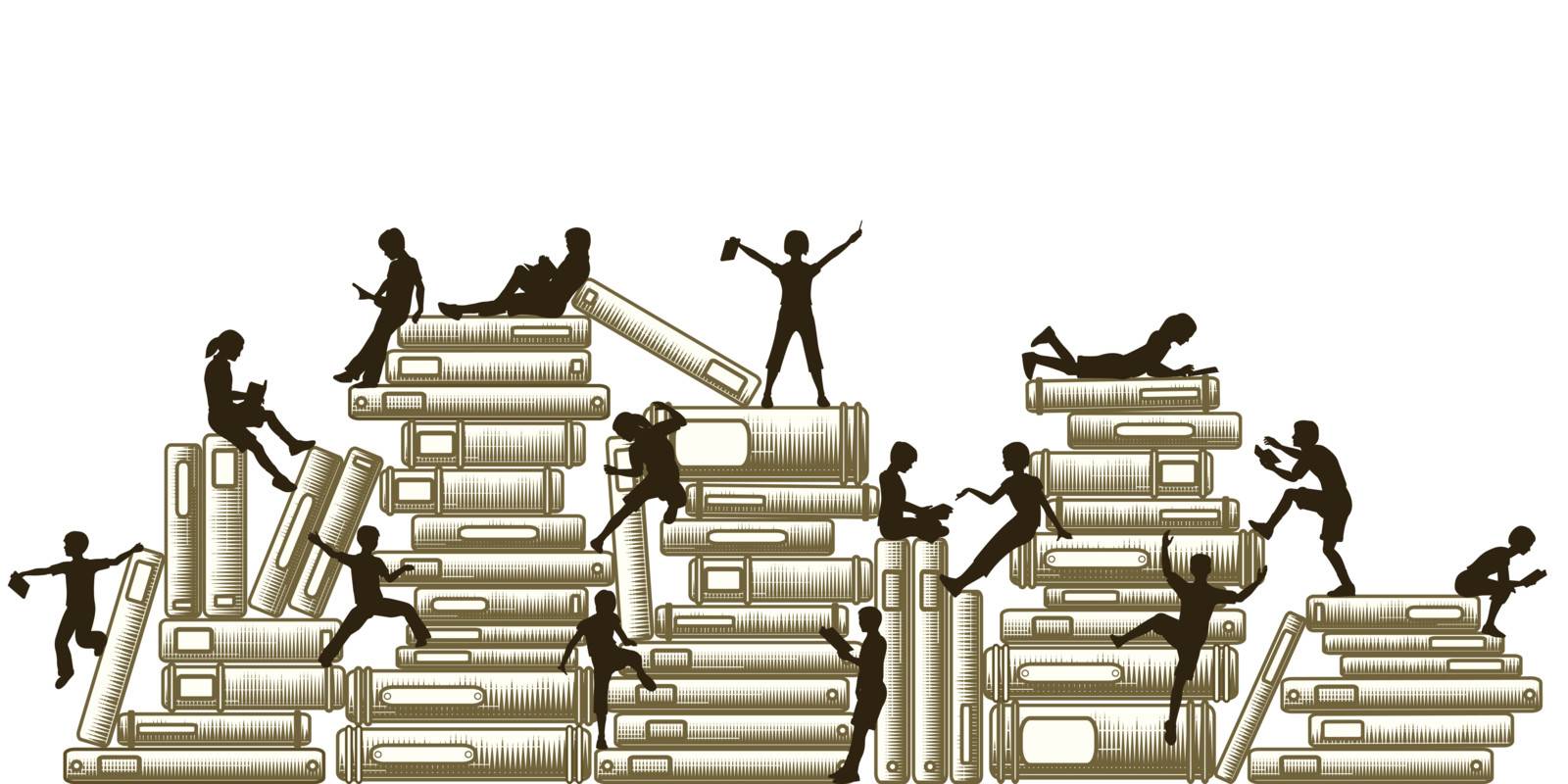 Editable vector illustration of children reading and clambering over piles of books
