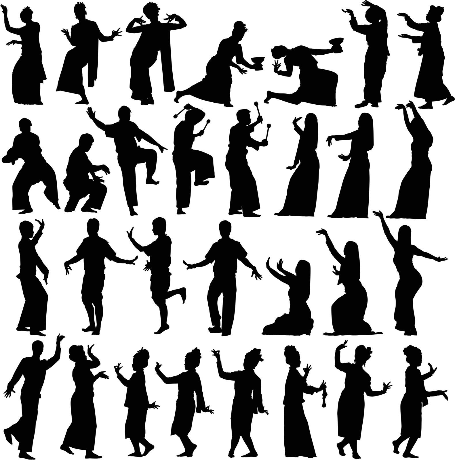 Set of editable vector silhouettes of traditional Thai dancers