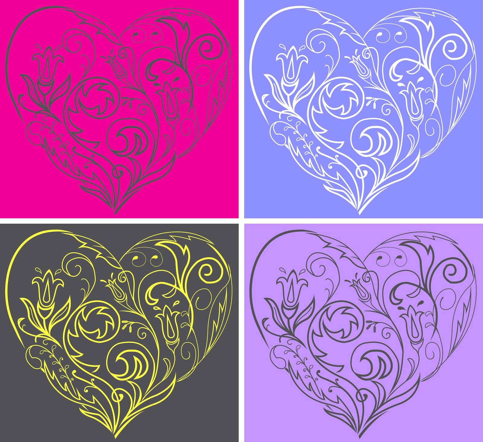 A set of multi-colored filigree hearts on colorful backgrounds