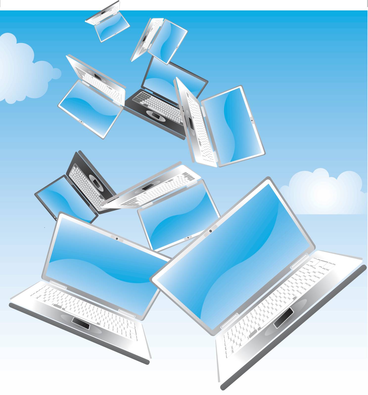 Illustration of various laptops falling from the sky