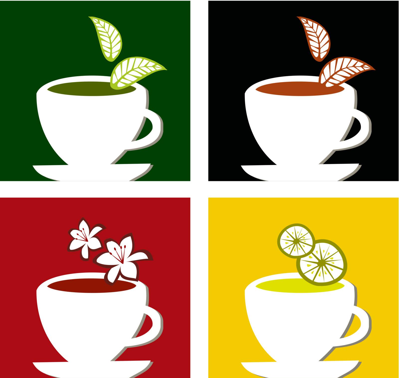Four different tea labels on framed composition suitable for teatime menu design. 