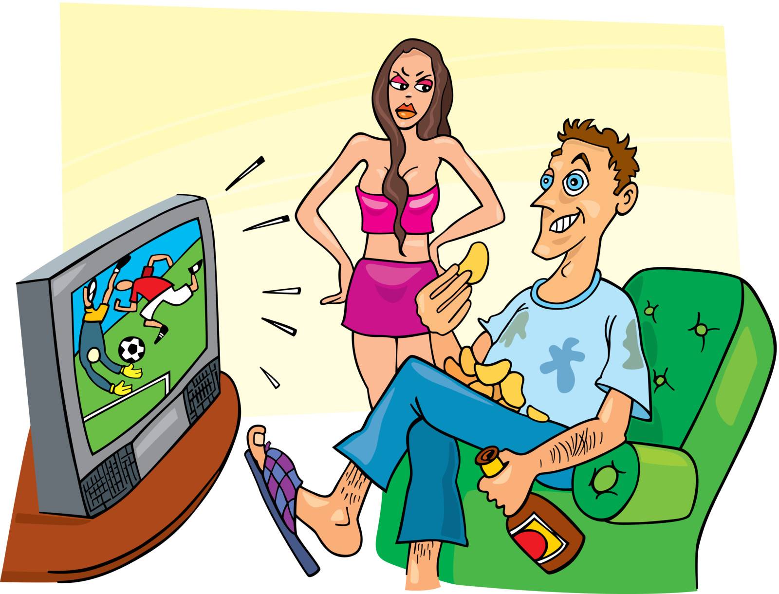 humor vector illustration of sport fan watching match and his angry wife
