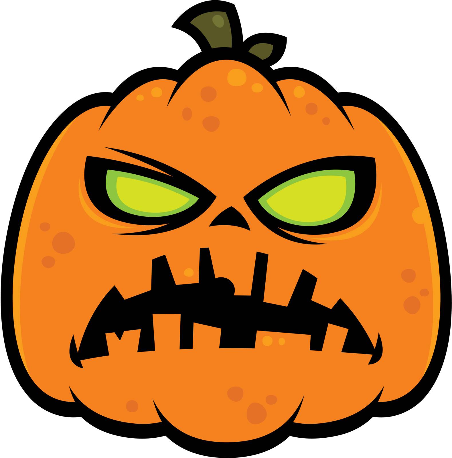 Cartoon illustration of a zombie pumpkin jack-o-lantern with green eyes. Great for Halloween.
