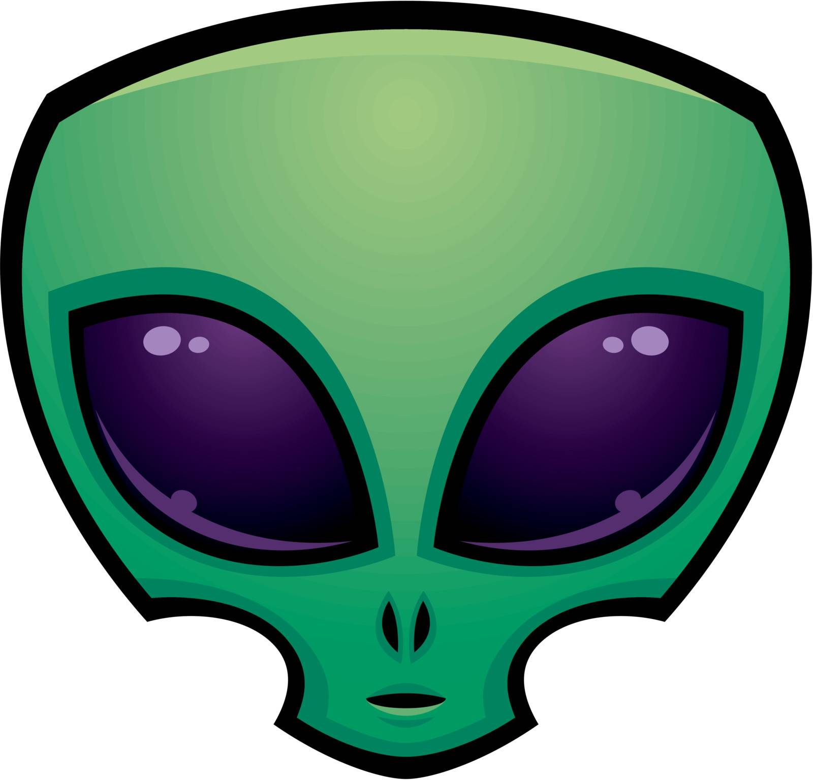 Cartoon alien head illustration with big dark eyes.