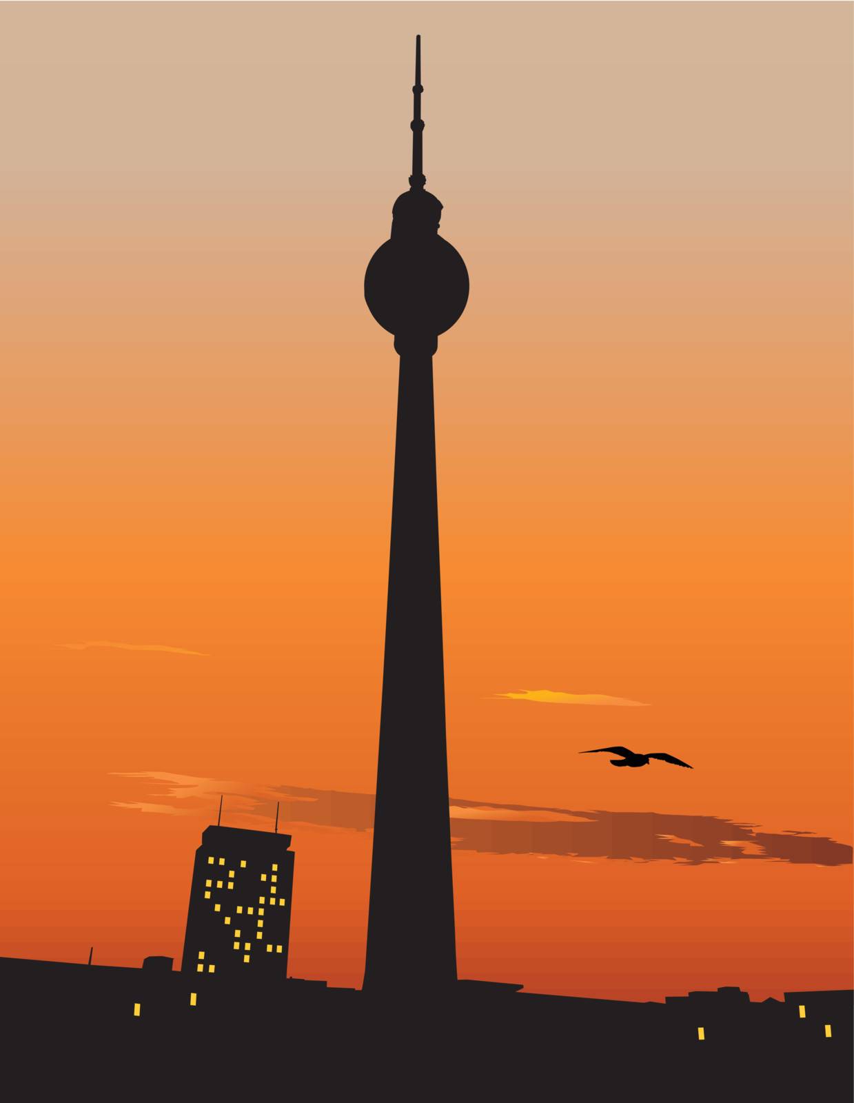 Vector silhouette of Berlin TV tower agaist sunset sky, Germany