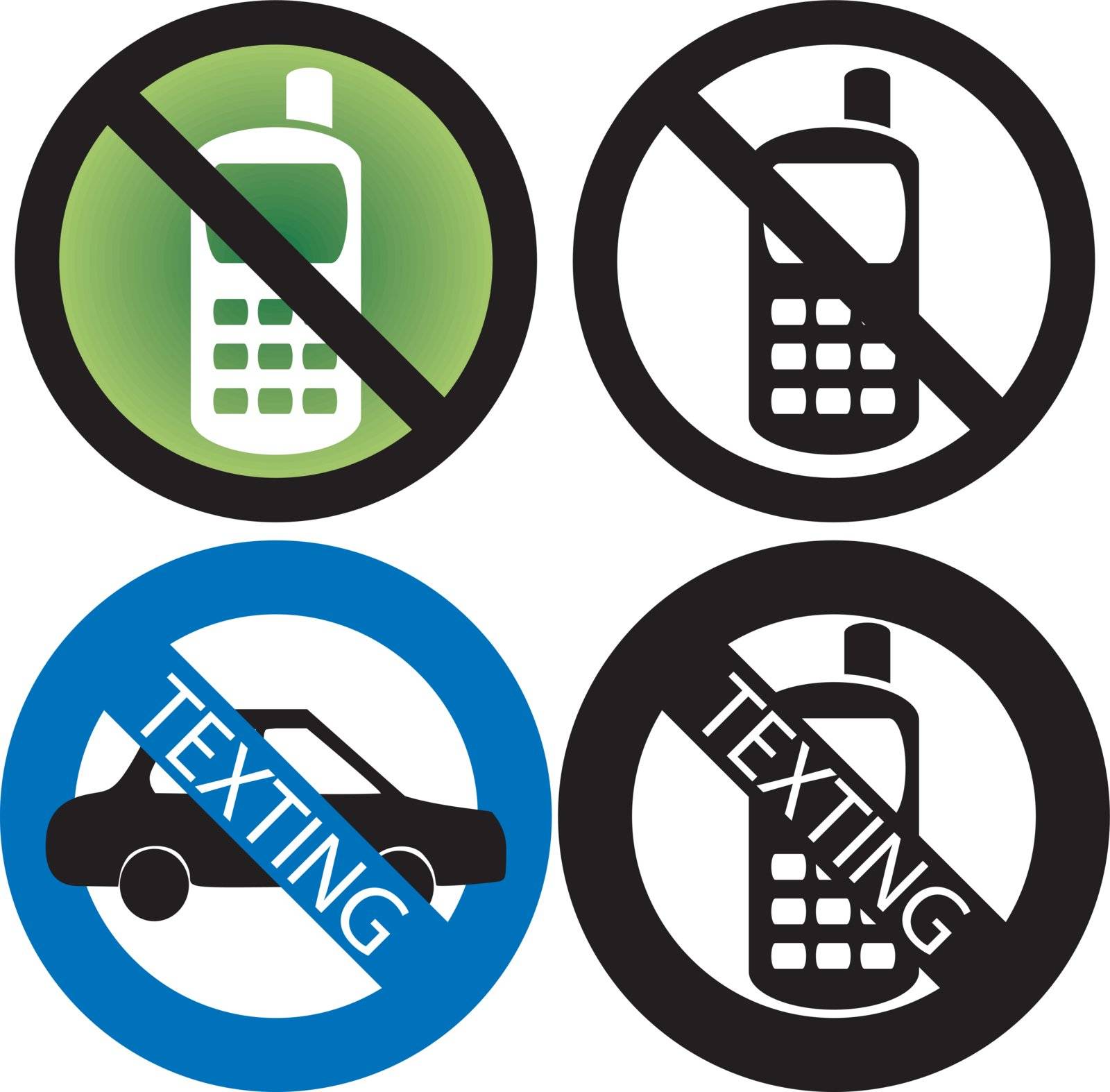 Vector Illustration of four No Cell Phone or texting while driving Signs.
