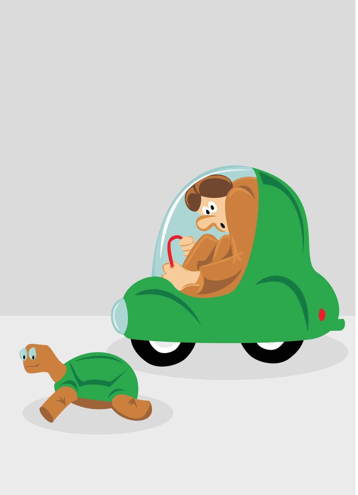 Tall man stuck in a small car is passed by a turtle faster than him