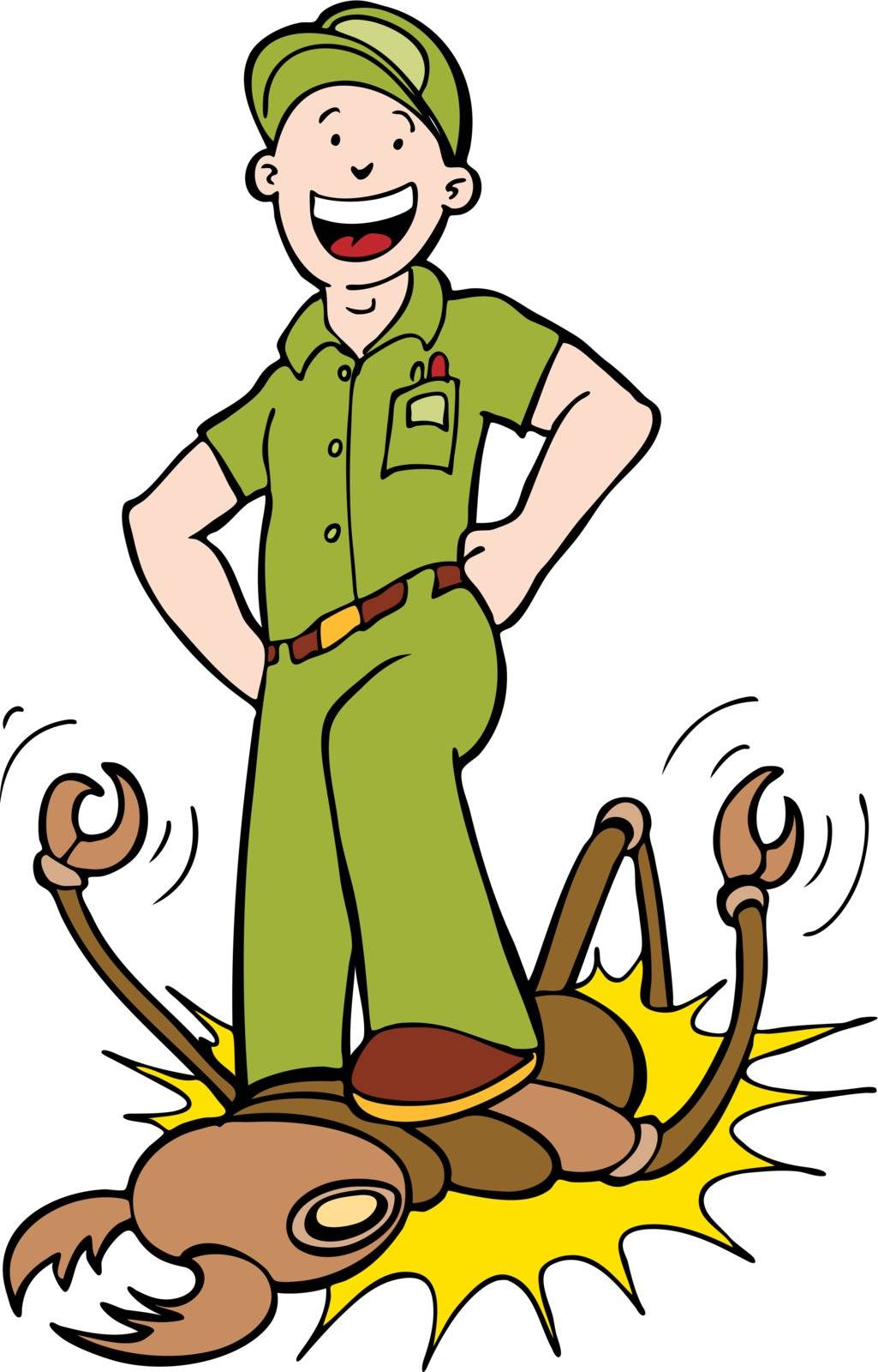 Cartoon image of exterminator killing termites.