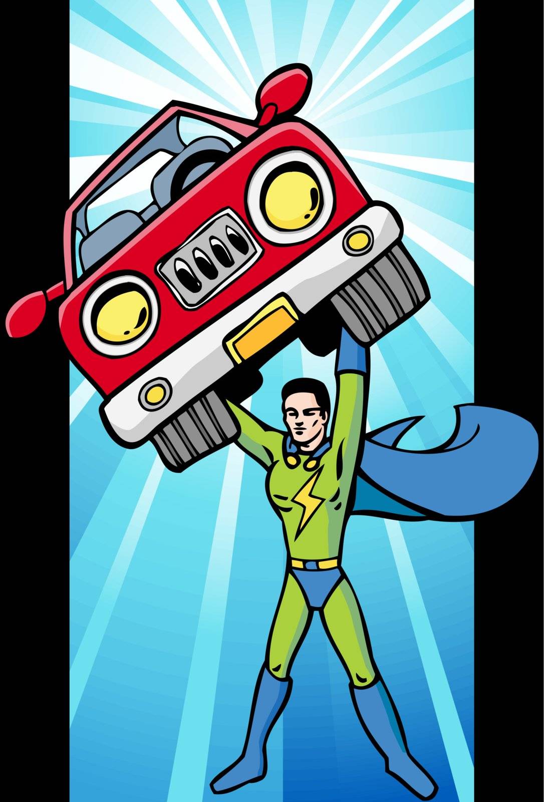 Energy superhero lifting a car in his fight against energy wasters.