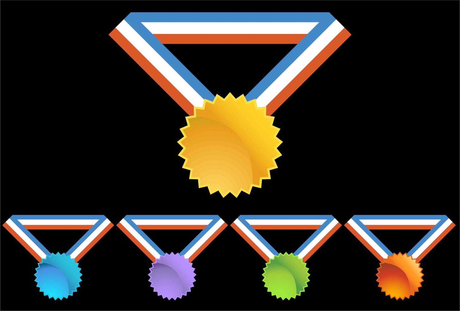 Set of 5 award medals with ribbon on black background.