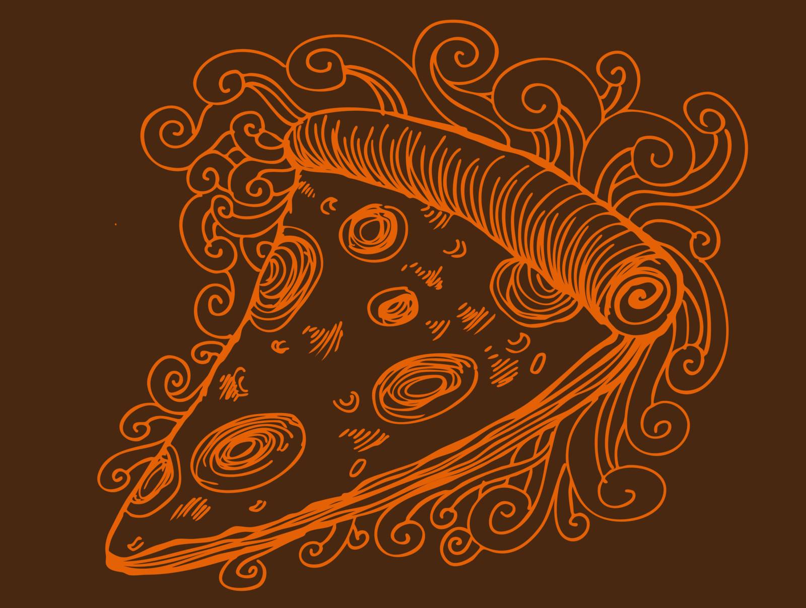 A hand drawn sketch of pizza with swirls background.