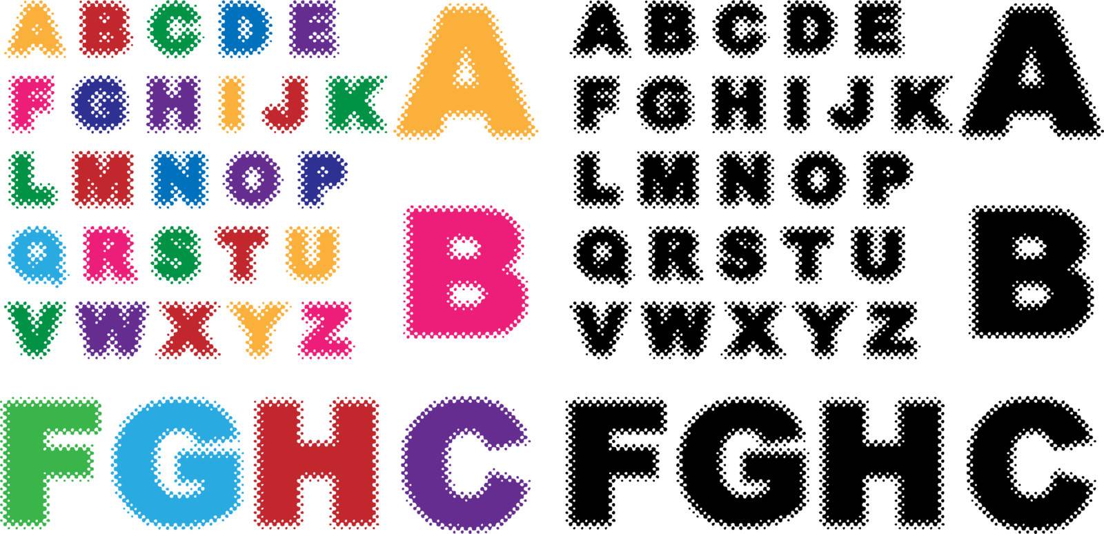 Set of letters of the alphabet in half tone - both color and black / white versions.