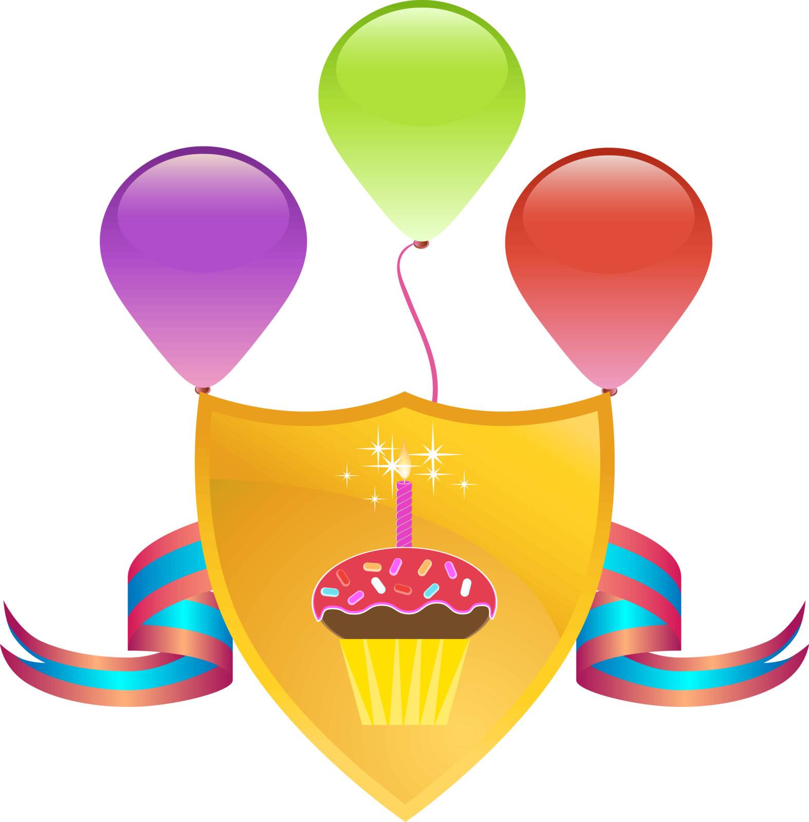 3d shield with cupcake and lit candle surrounded by ribbon and balloons.