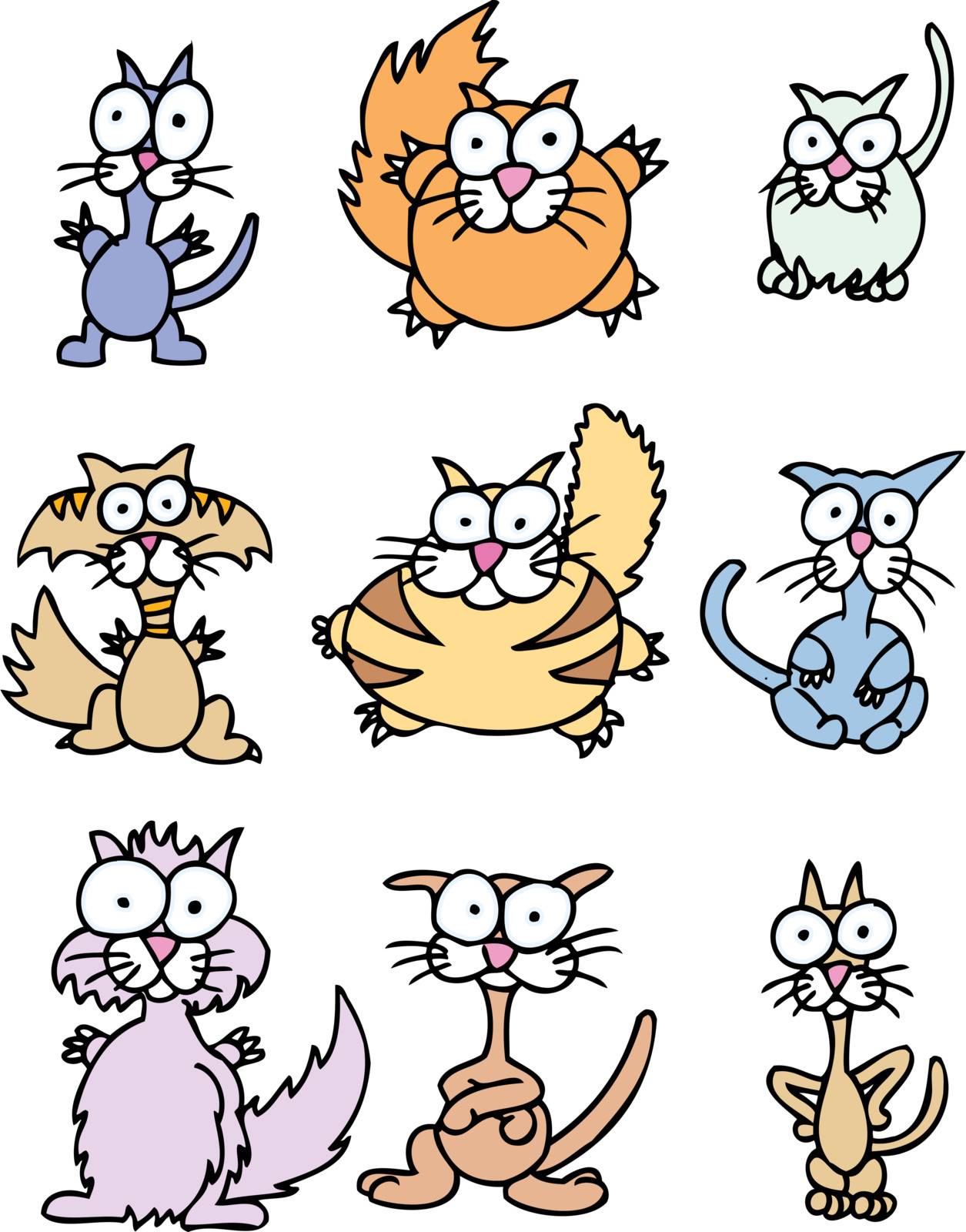 Set of 9 wacky cartoon cats.