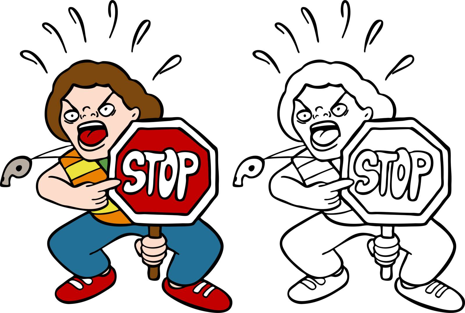 Angry crossing guard shouts and points at a stop sign - both color and black / white versions.