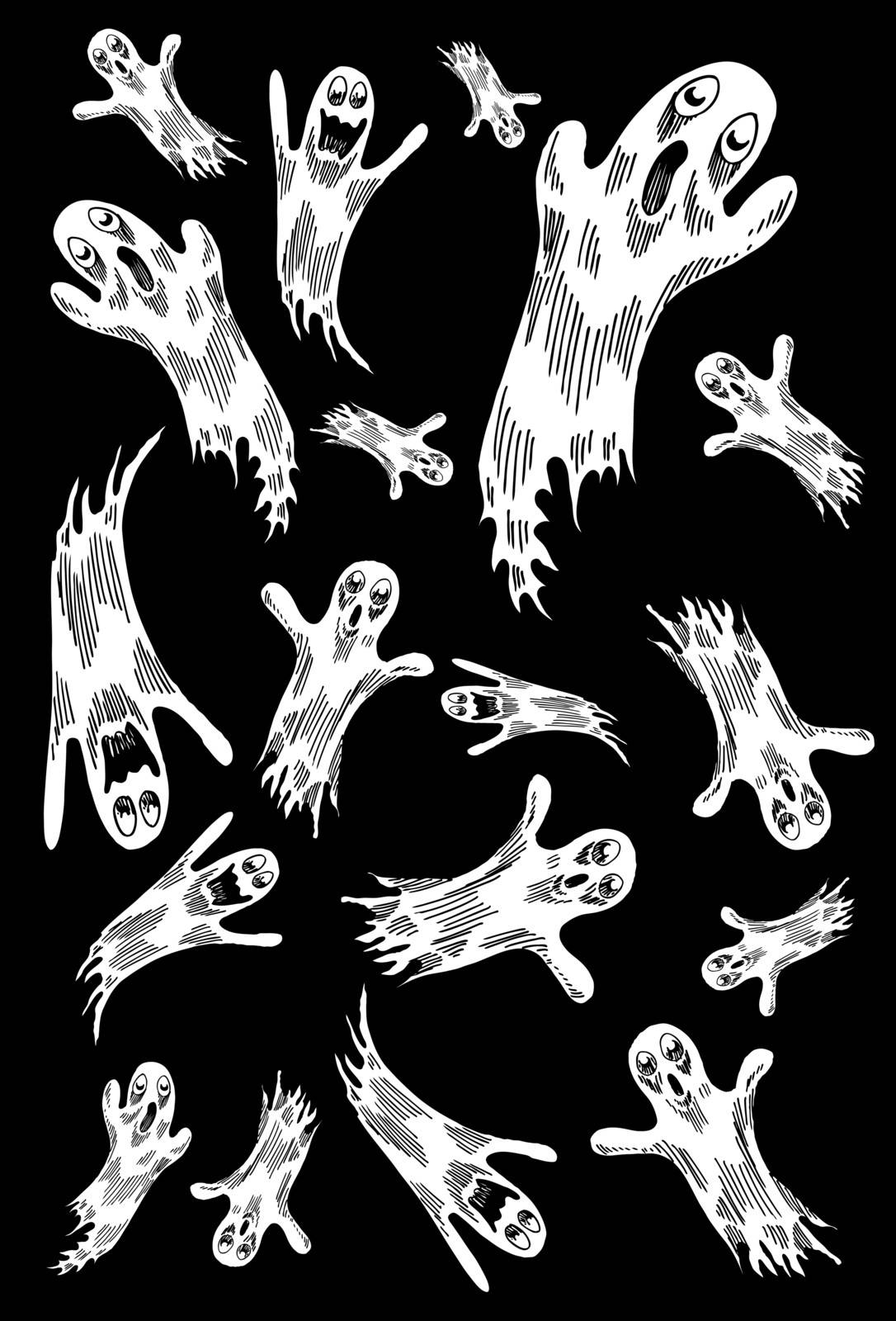 Halloween background of hand drawn flying ghosts.