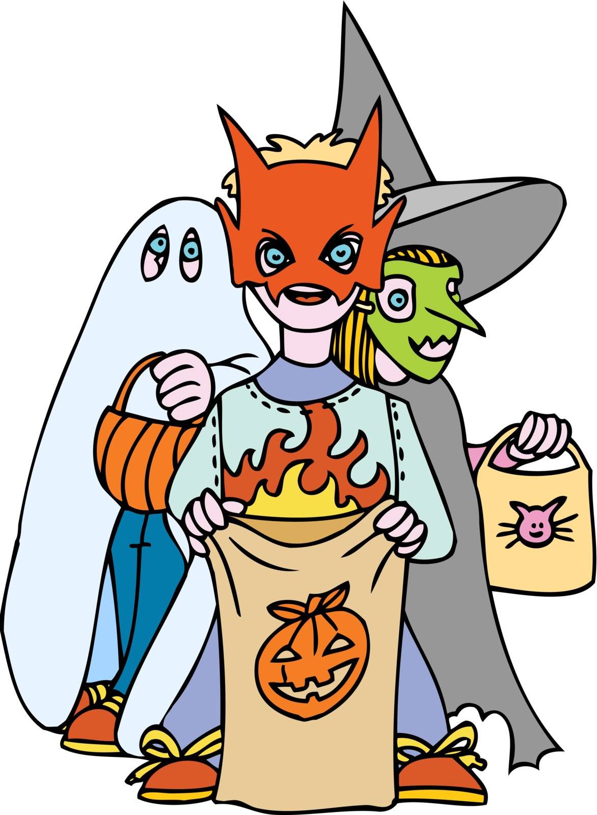 Three kids dressed as a ghost, devil and witch for Halloween.