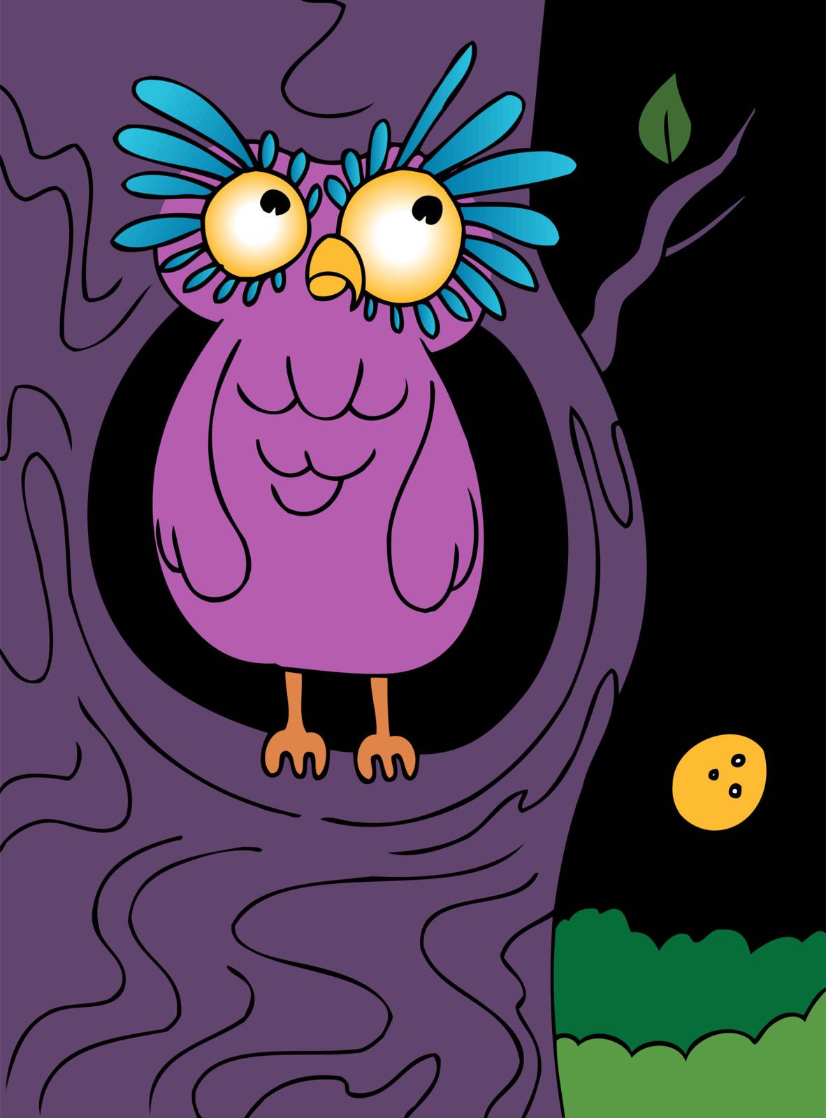Cartoon owl on a full moon night.