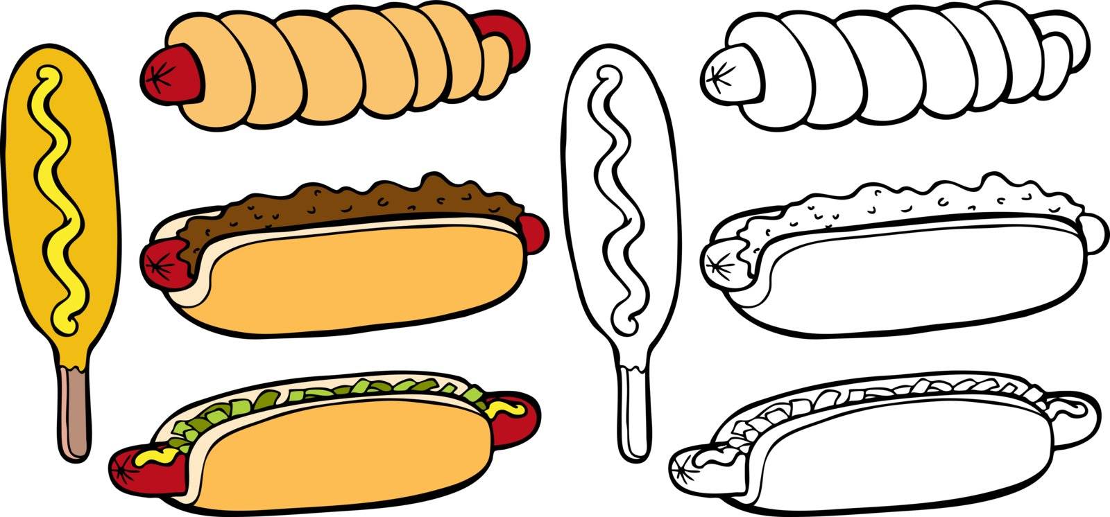 Cartoon image of a variety of different types of hot dogs - both color and black / white versions.