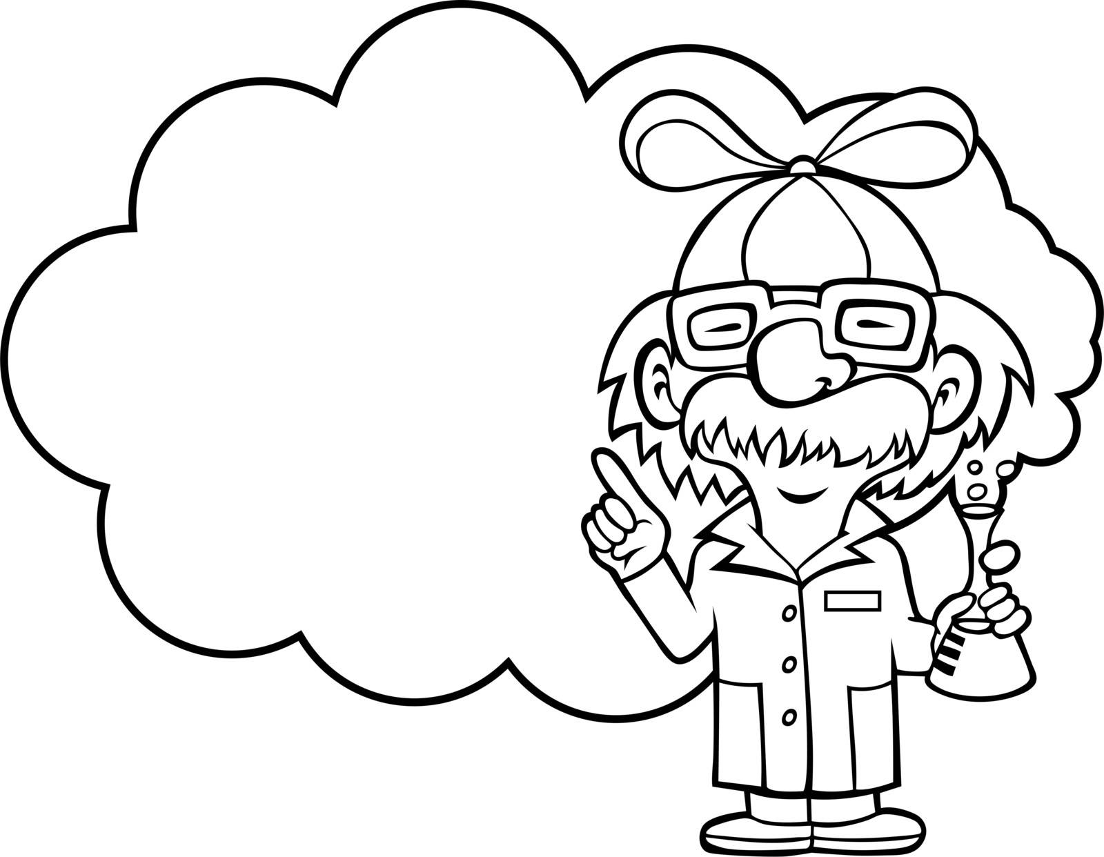 Cartoon of a scientist holding a flask and wearing a beanie with a propeller.