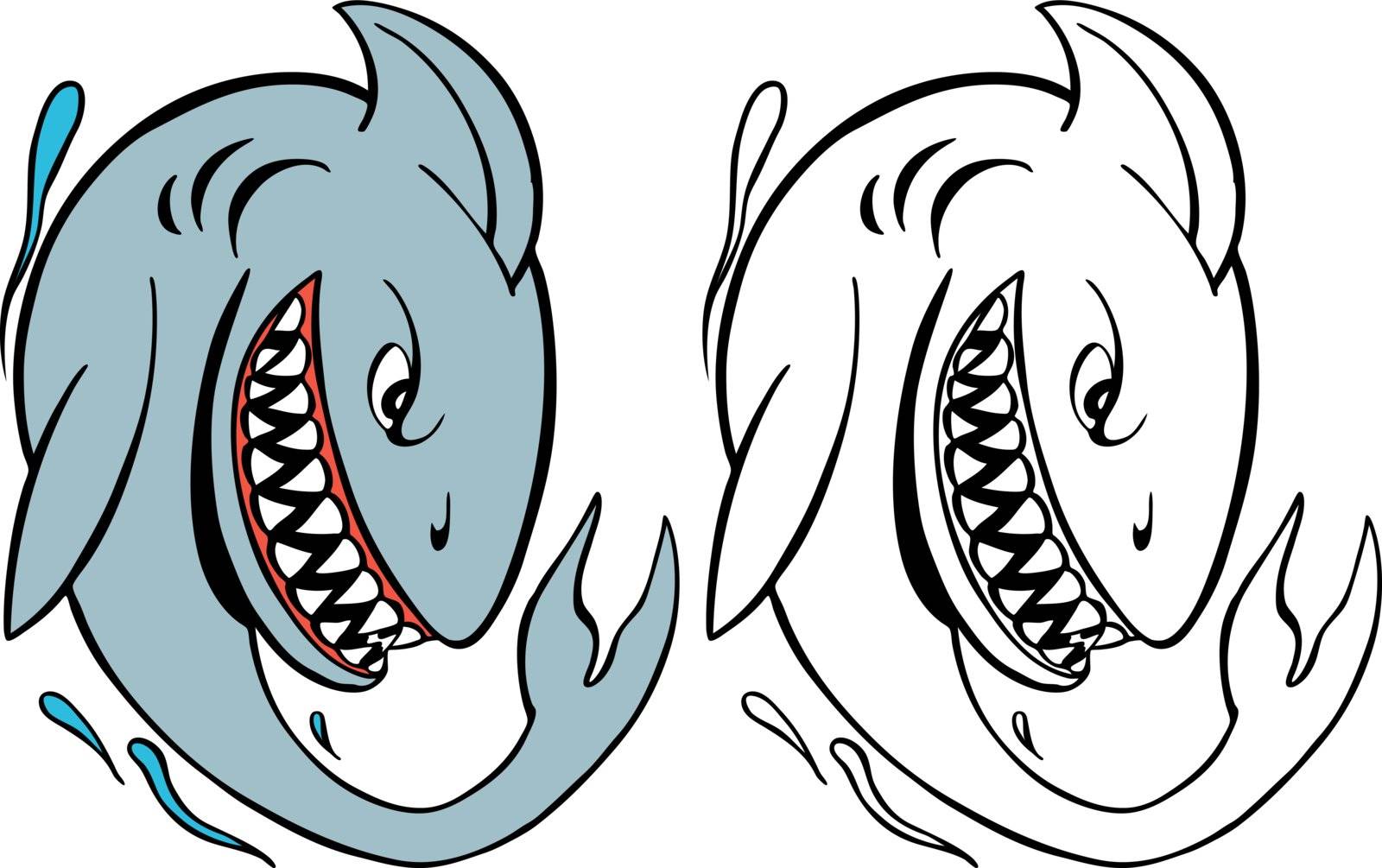 Cartoon image of a shark - both color and black / white versions.