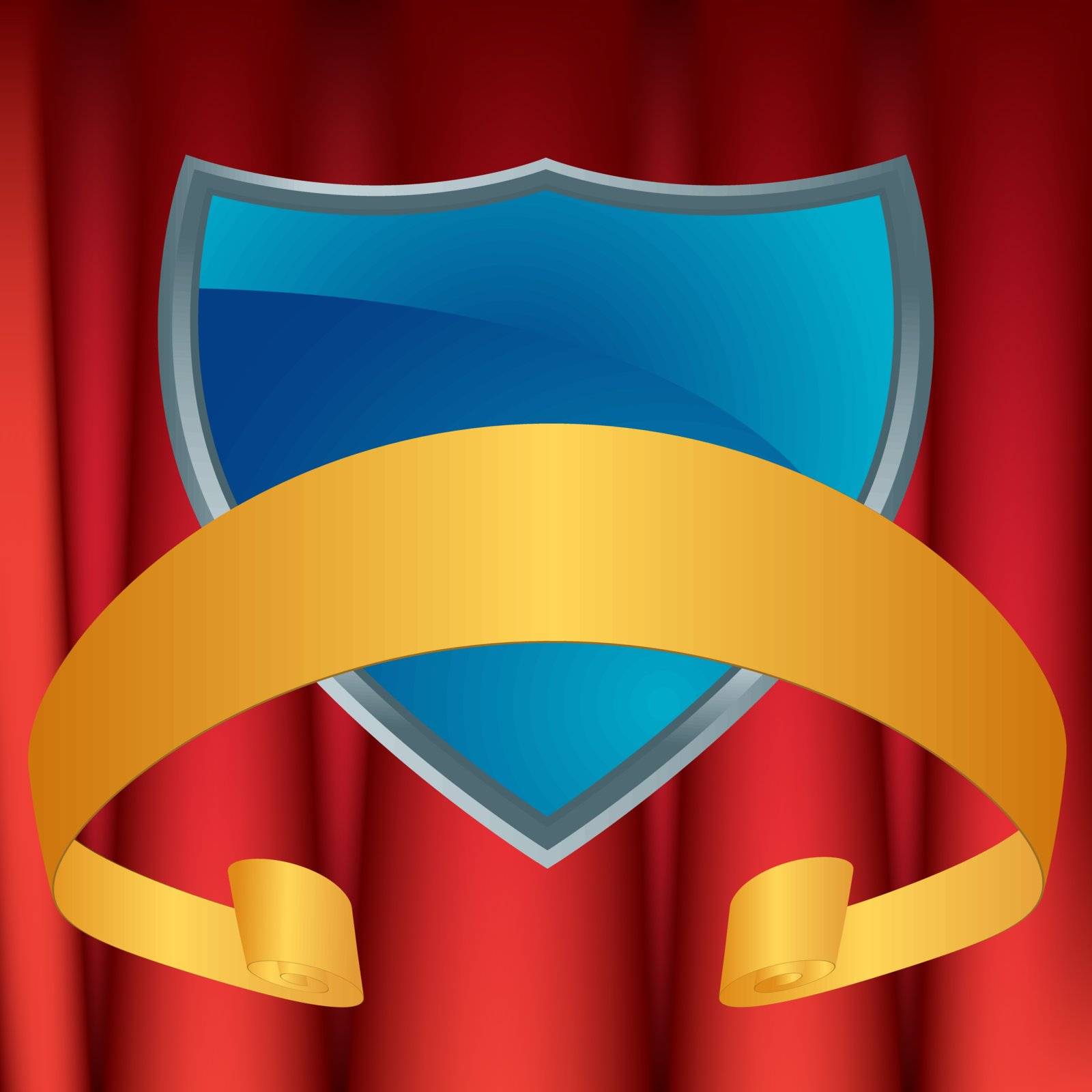 Blue shield with ribbon with colorful drapery background.