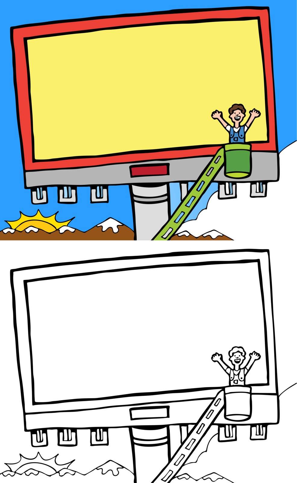 Cartoon image of worker putting up an advertisement on a billboard - both color and black / white versions.