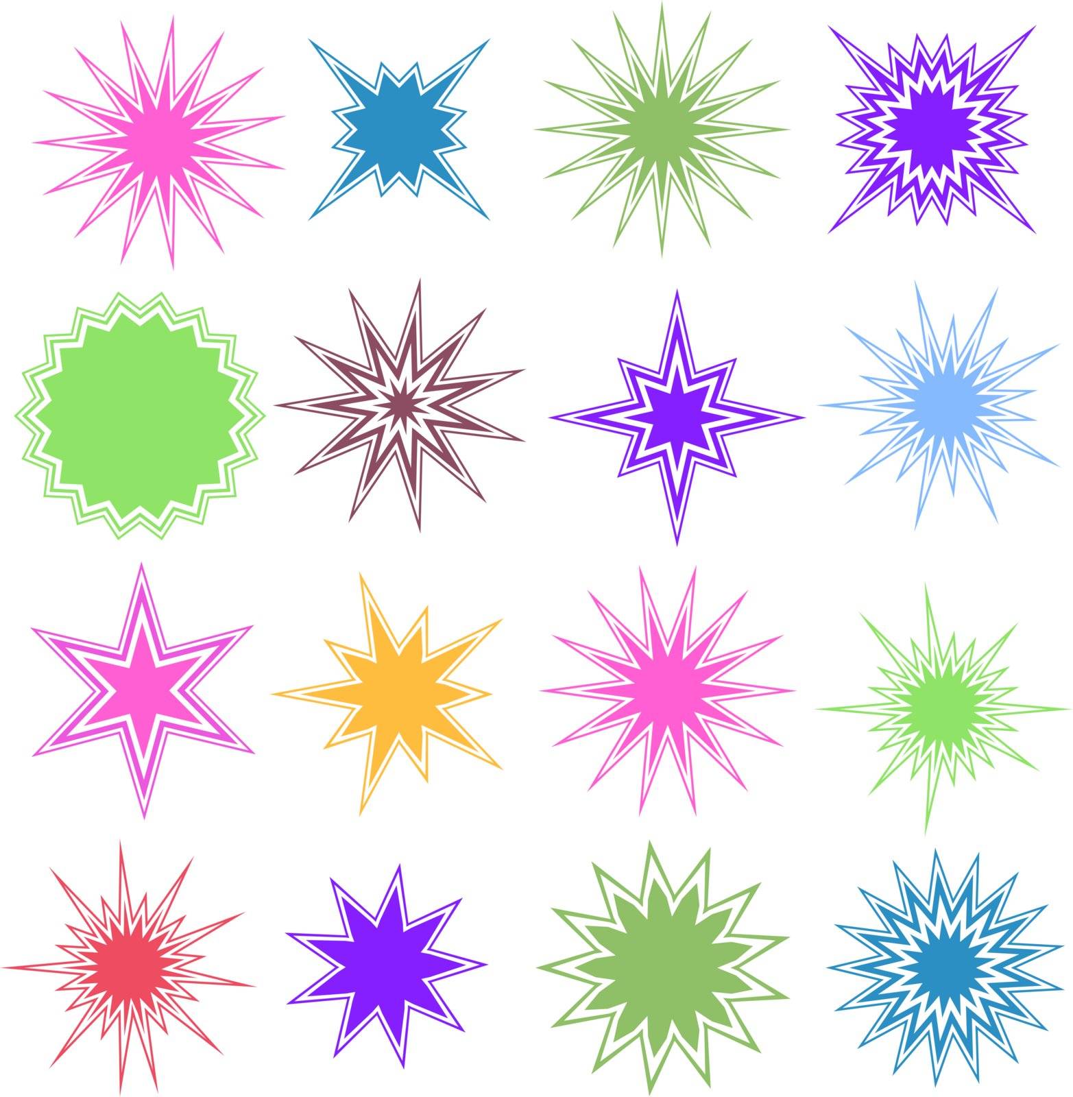 Set of 16 different starburst designs in various colors.
