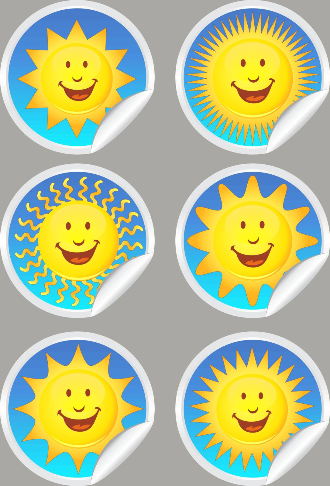 Collection of six sun themed stickers.