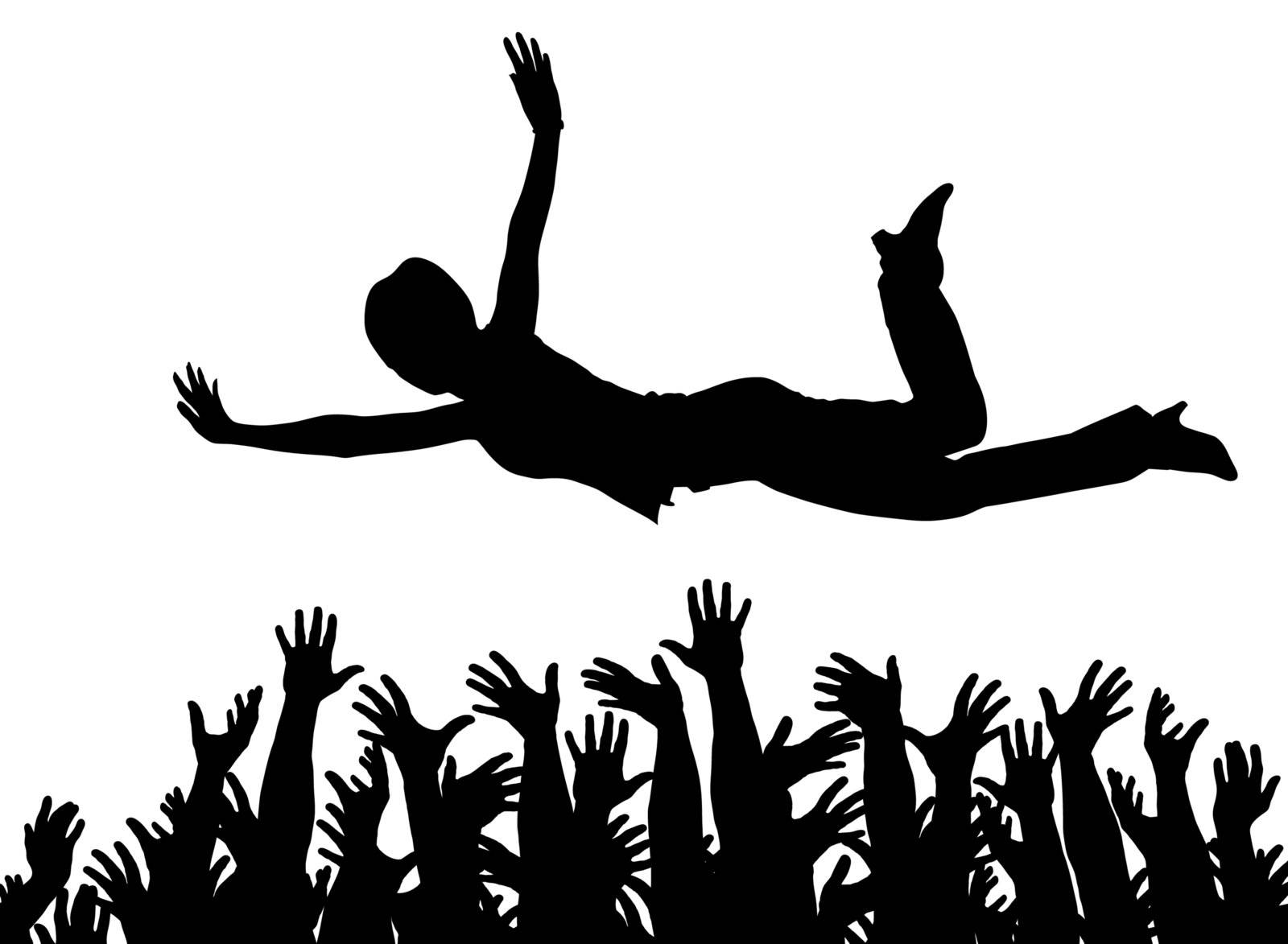 Editable vector illustration of a woman being caught by many hands with all arms as separate objects
