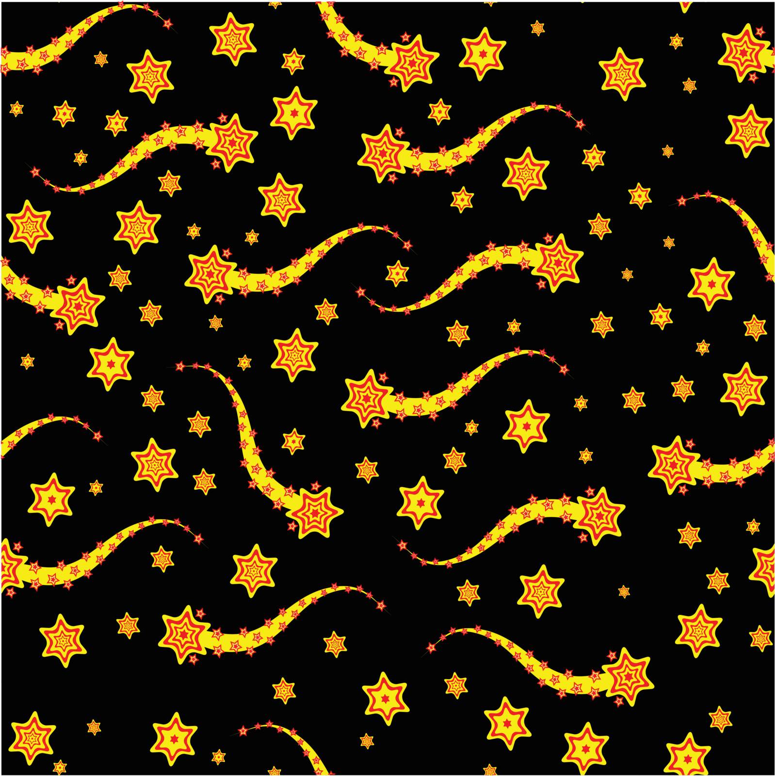 A red and yellow funky seamless background with stars and comets on a black base