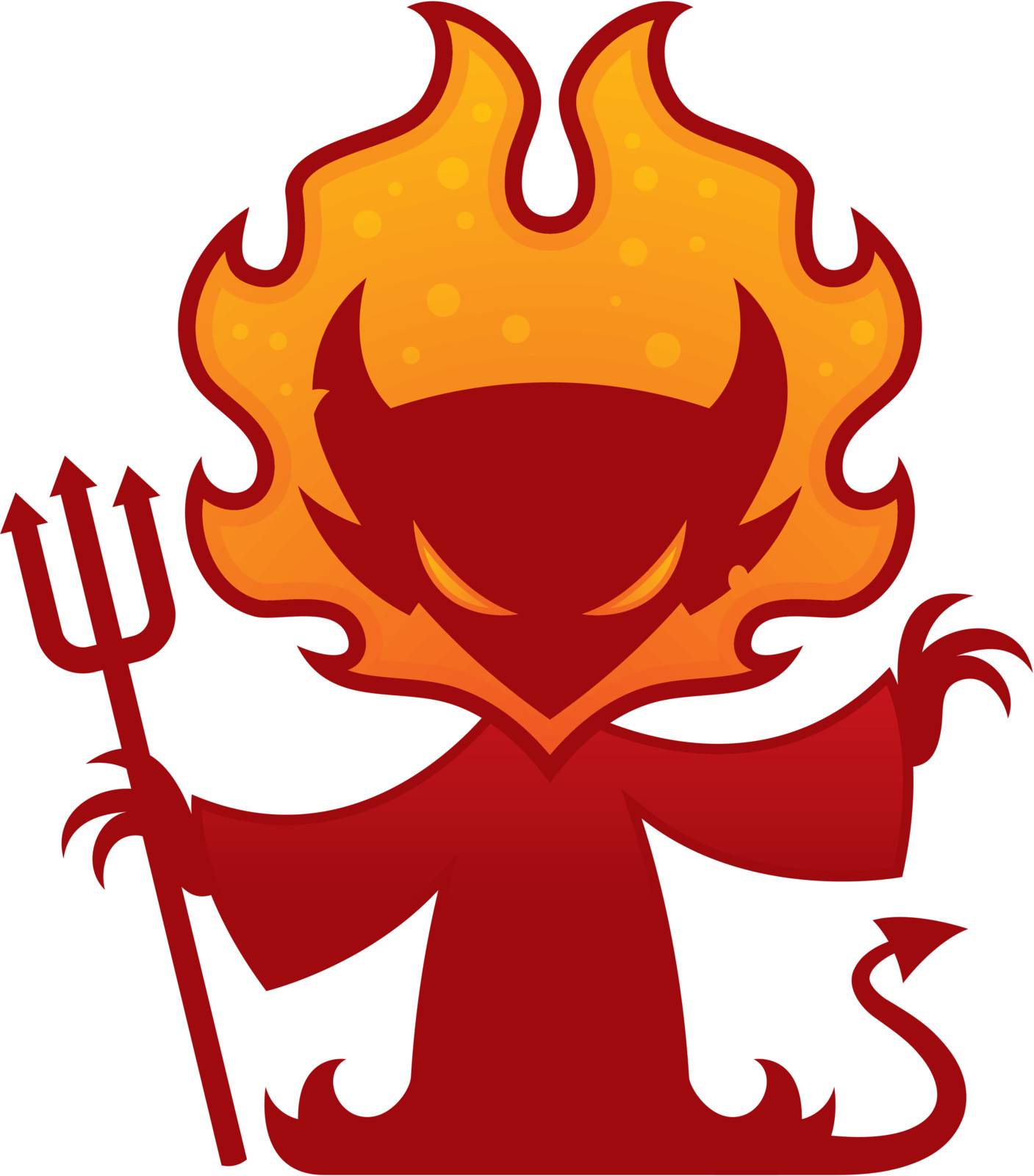 Cartoon vector drawing of a devil with flames around his head holding a pitchfork.