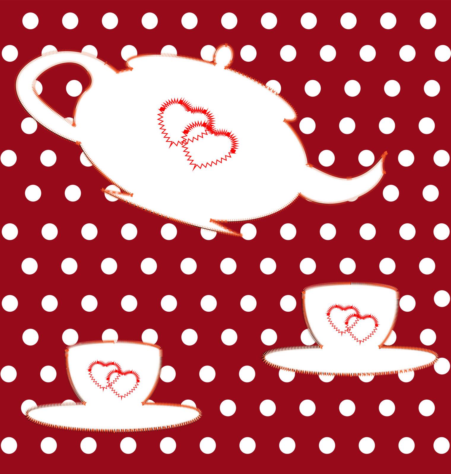 sewn on a red background white teapot and two cups