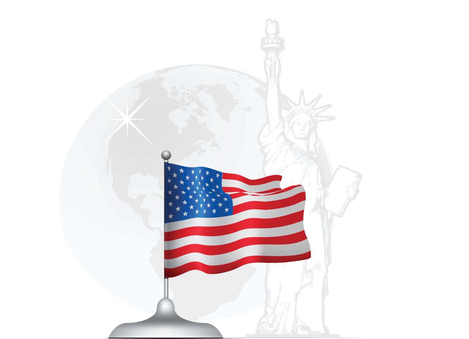 American flag on the stand at the background of the statue of liberty and the globe with a map of America