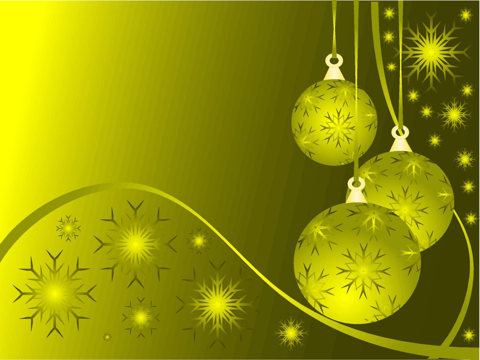 An abstract Christmas vector illustration with gold baubles on a darker backdrop with snowflakes and room for text