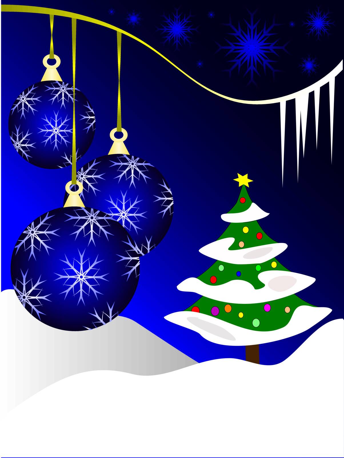 An abstract Christmas vector illustration with blue baubles on a darker backdrop with a white winter scene and room for text