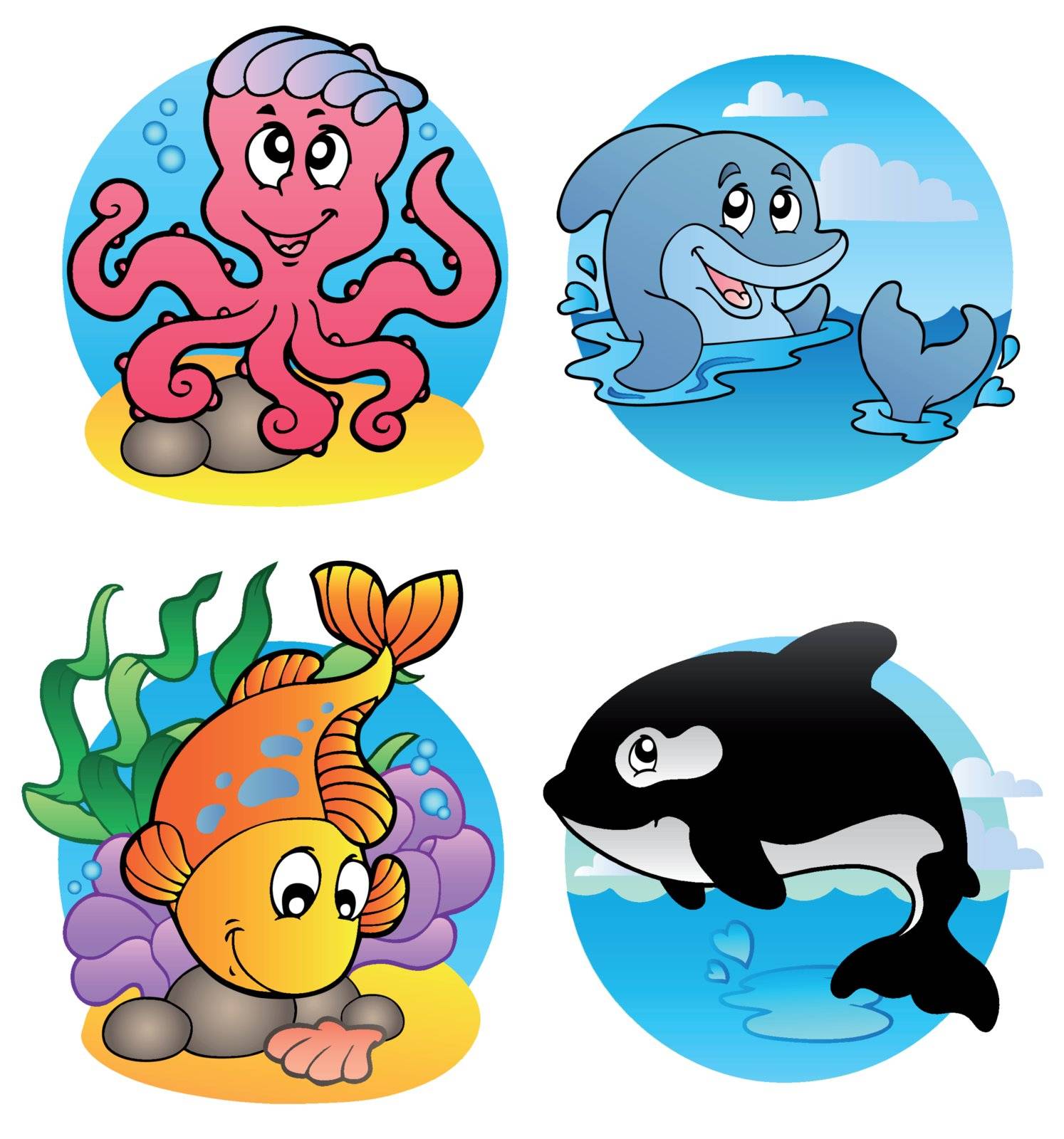 Various aquatic animals and fishes - vector illustration.