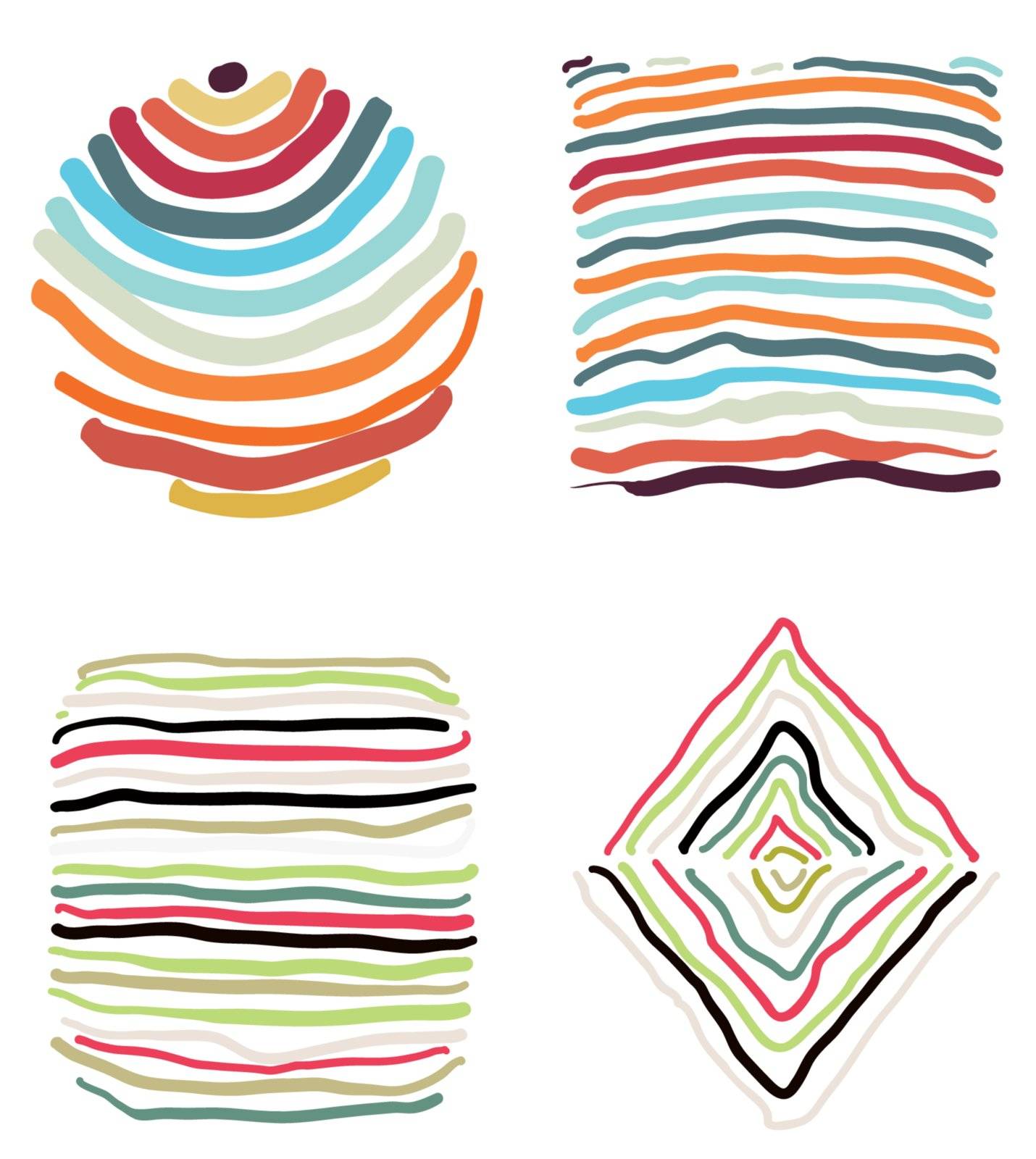 Abstract diamond, circle, square and rounded square made brushstrokes of different colors. Vector. EPS8.