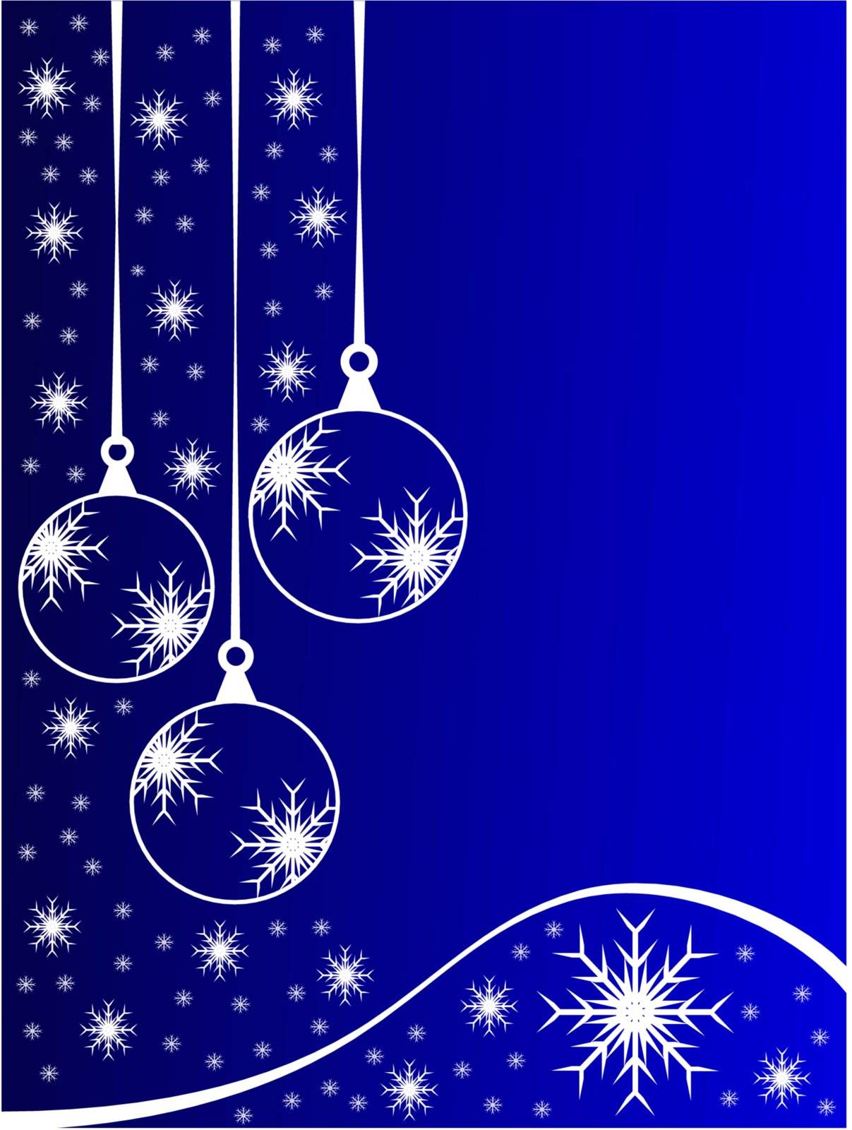 An abstract Christmas vector illustration with clear white outline baubles on a blue backdrop with white snowflakes and room for text
