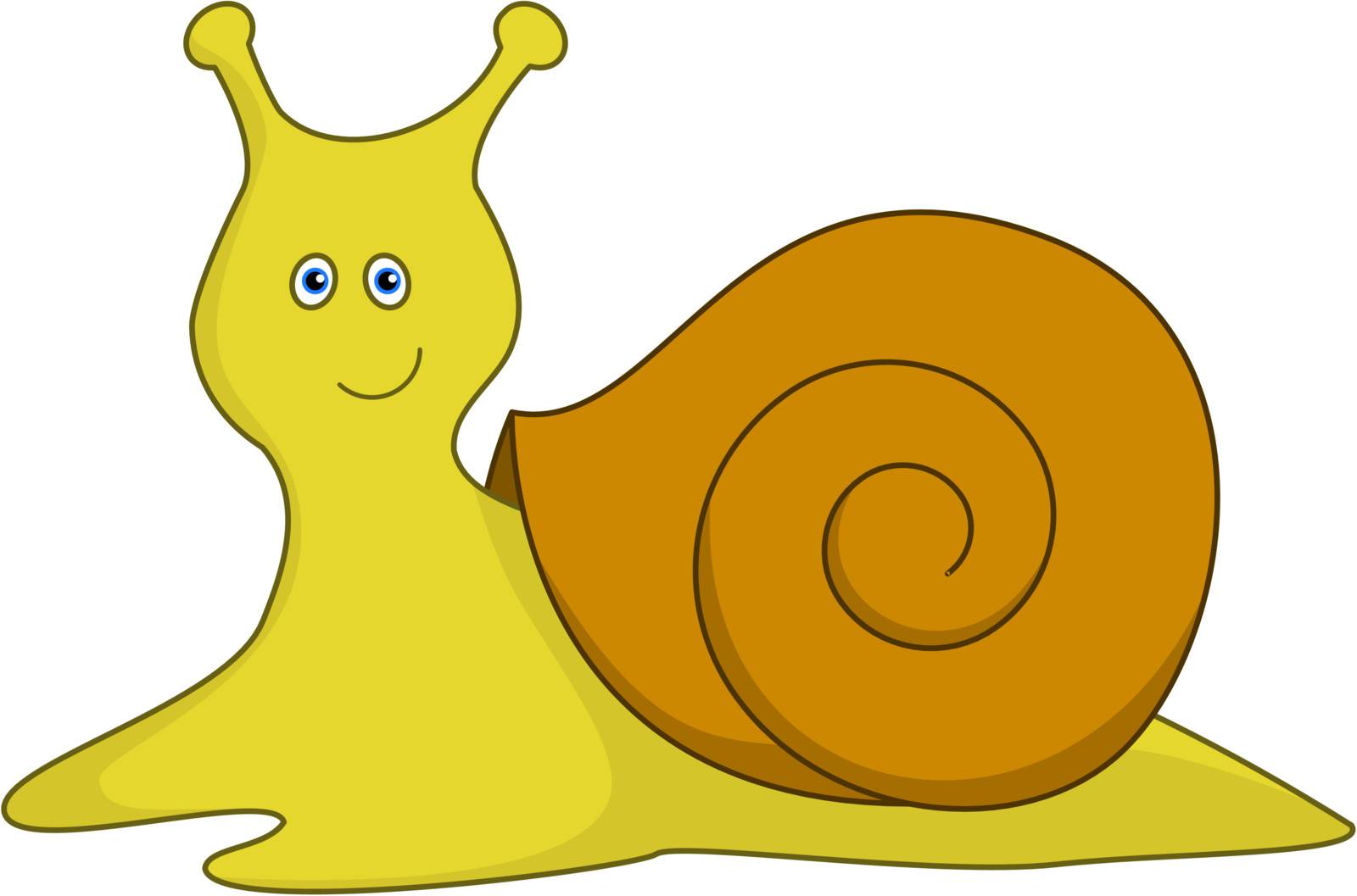 Cheerful smiling yellow blue-eyed snail with a brown bowl
