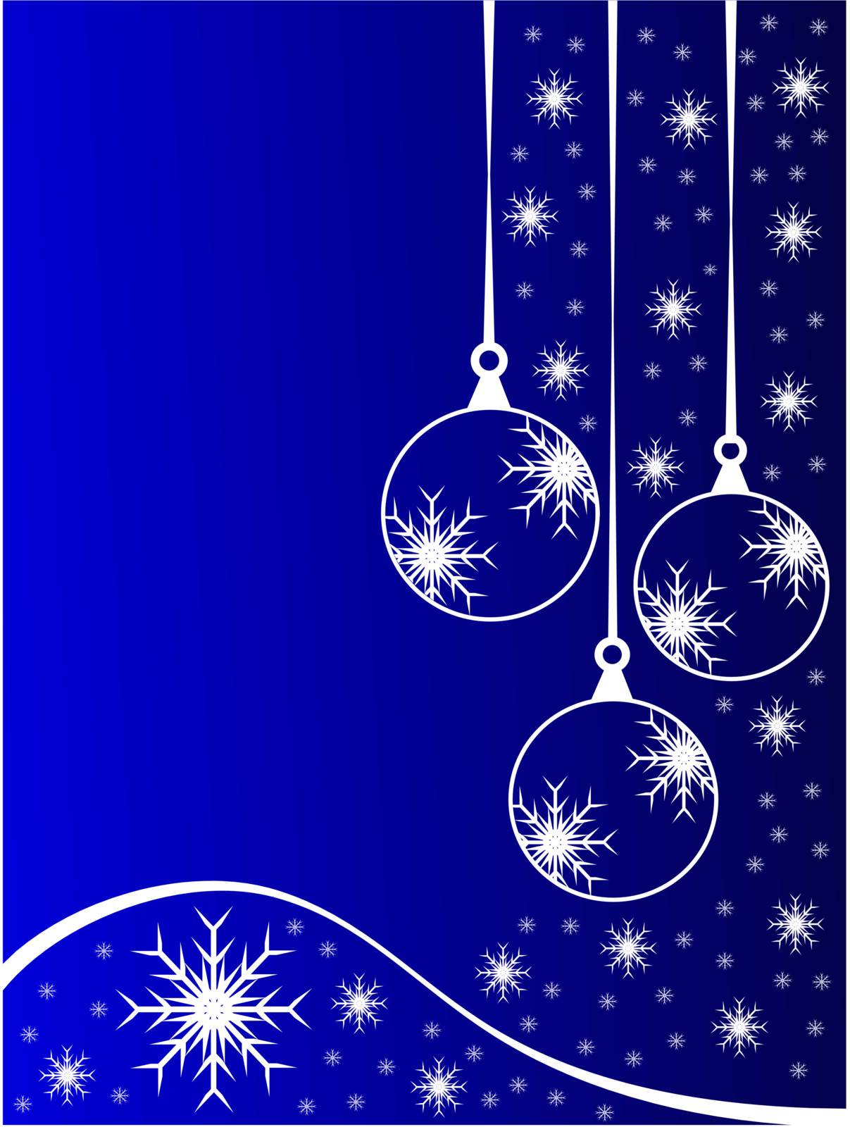 An abstract Christmas vector illustration with clear white outline baubles on a blue backdrop with white snowflakes and room for text
