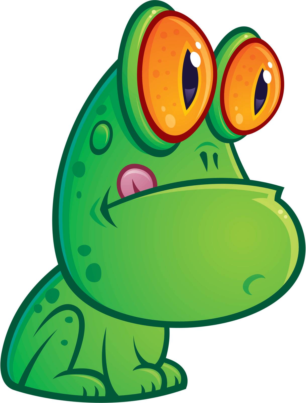 Vector cartoon illustration of a silly green frog with orange eyes sitting with his tongue sticking out.