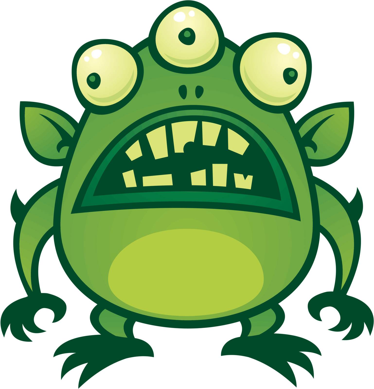 Vector cartoon illustration of an ugly green alien monster with three eyes.