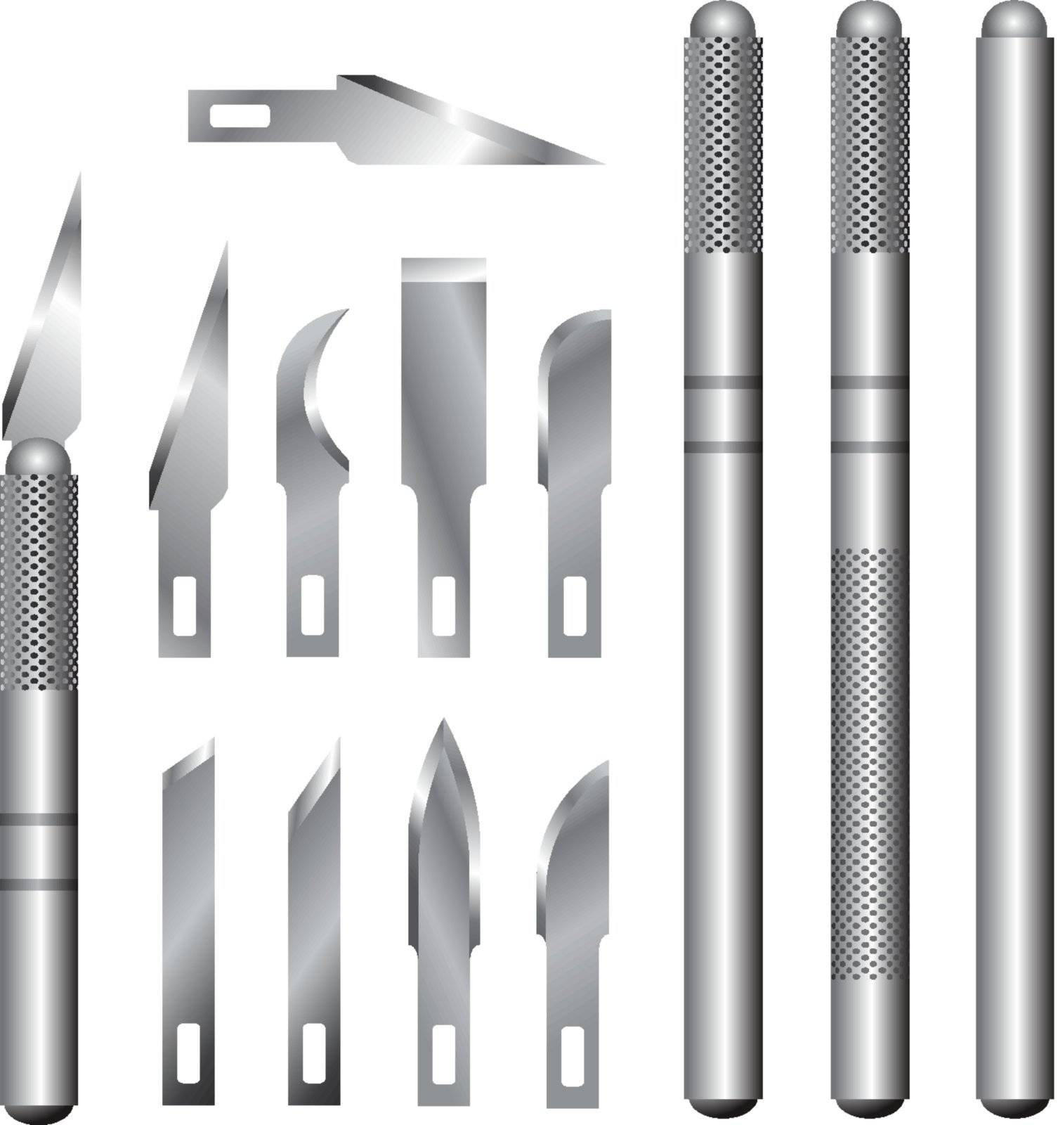 Detailed vector illustration of hobby and utility knife handles and blades.