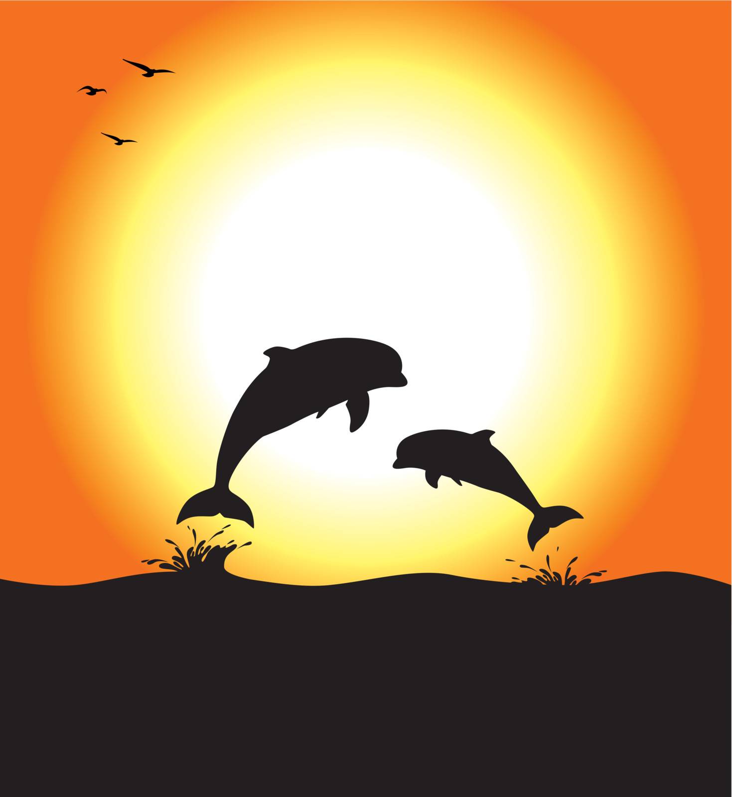 Two dolphins jumping, at sunset, with birds. Editable vector illustration.