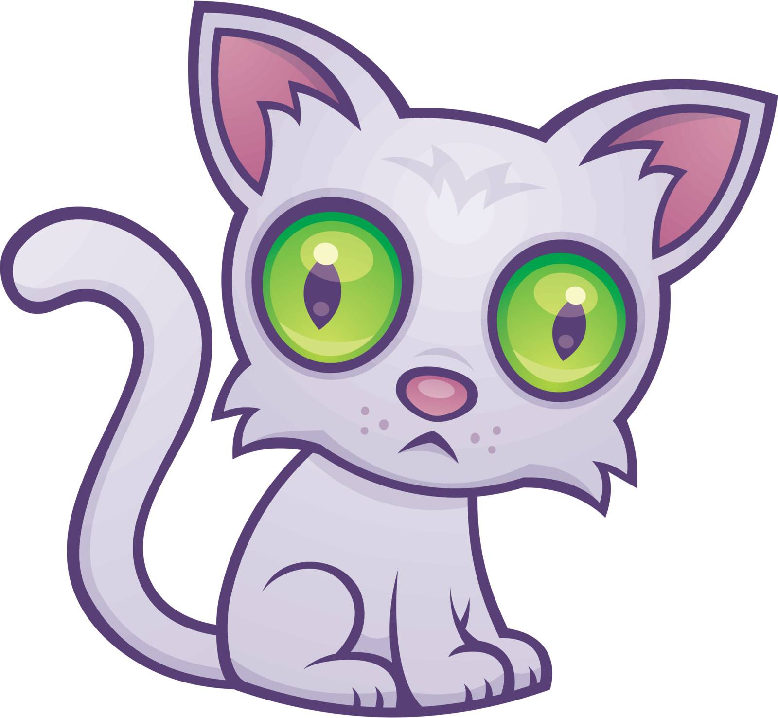 Vector cartoon illustration of a cute kitten with big green eyes.