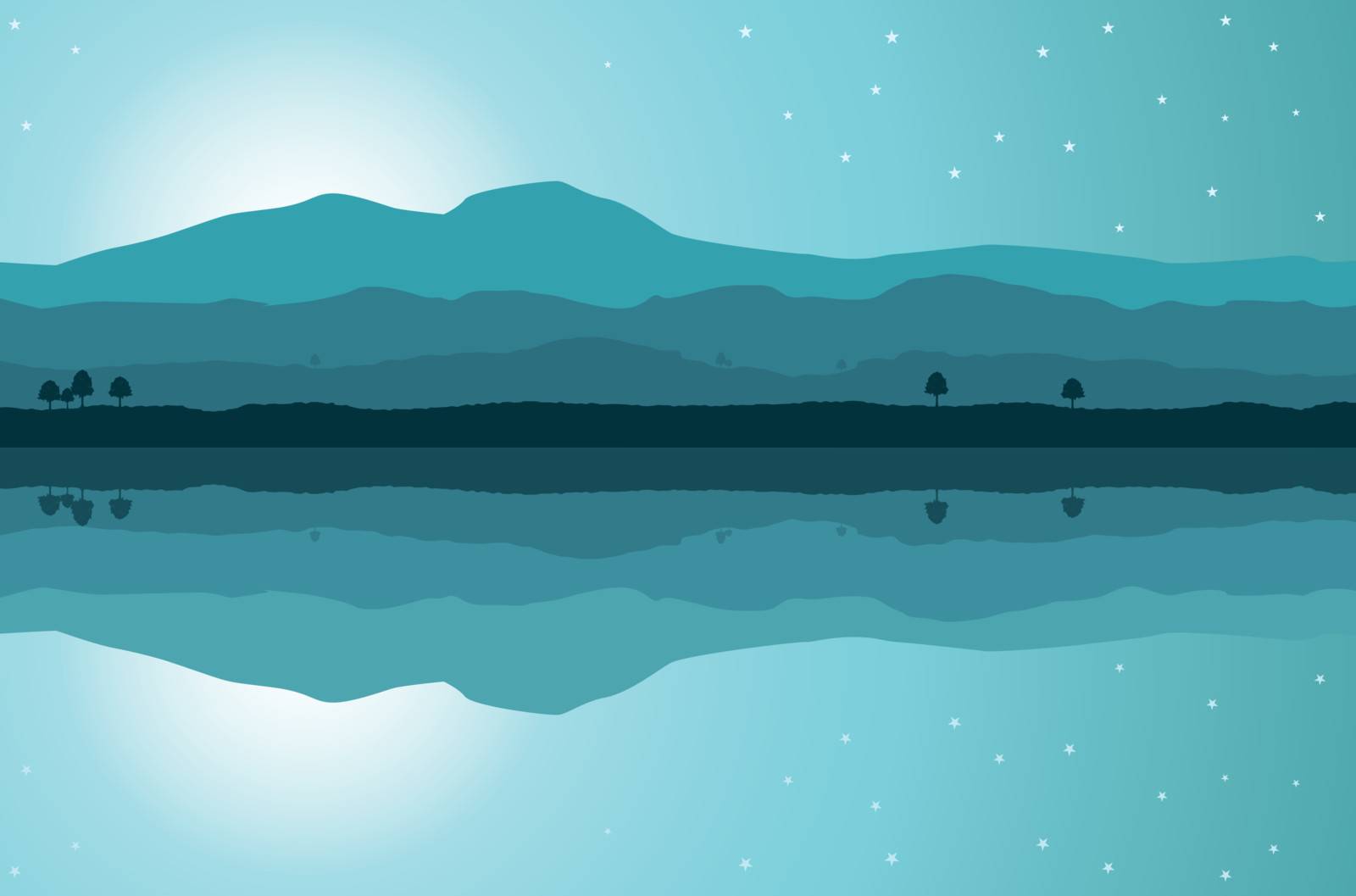 A vector landscape in teal tones, next to a lake, with water reflection. Editable illustration.