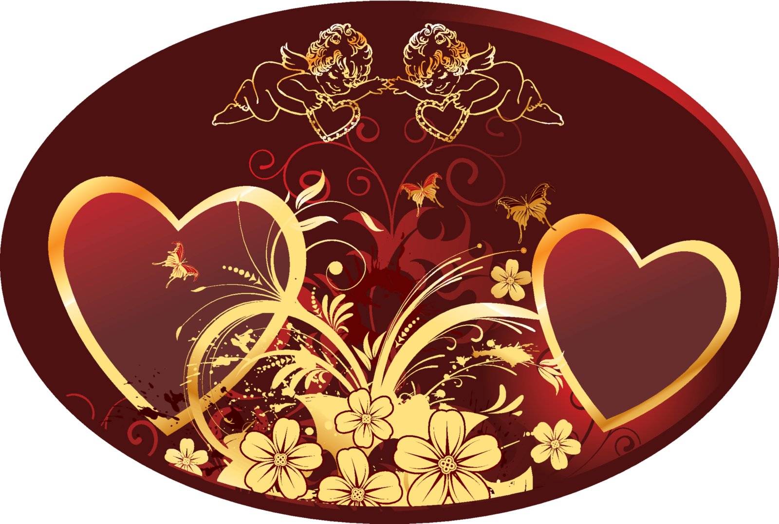 Two hearts in an oval framework with cupids, butterflies and colours on a red background