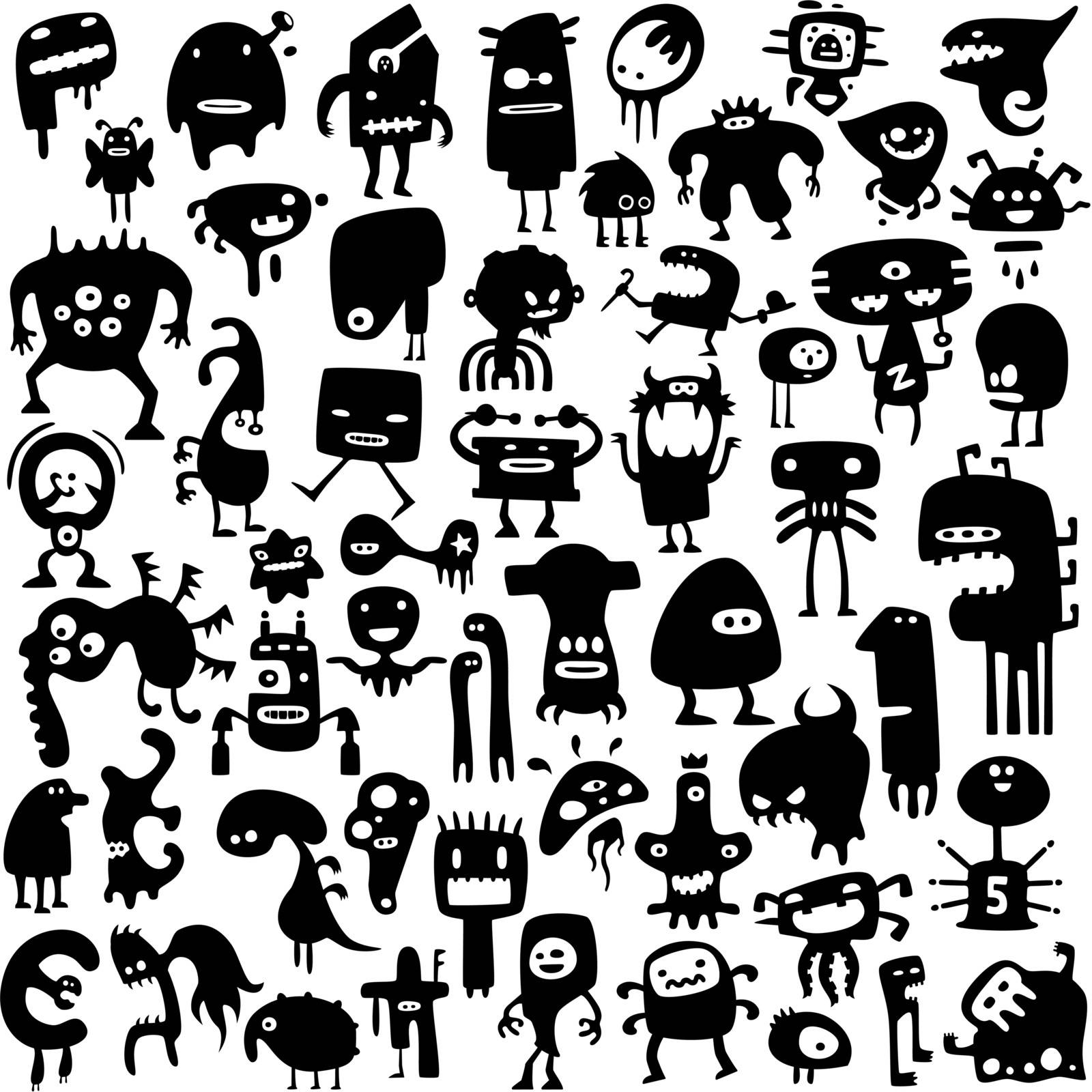 Big collection of cartoon funny monsters silhouettes